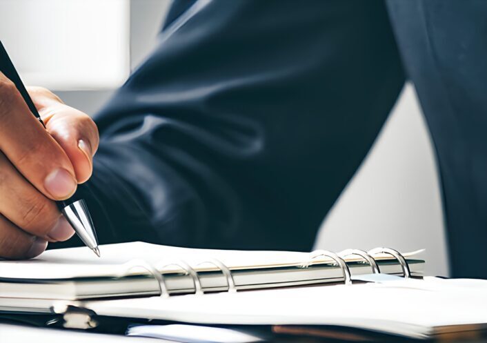 Accountant writing with a pen